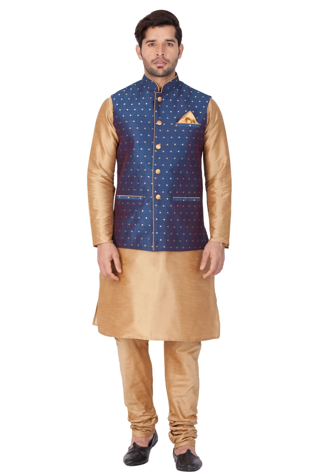 Jashvi Men's Blue Zari Weaved Jacket With Kurta Pyjama Set