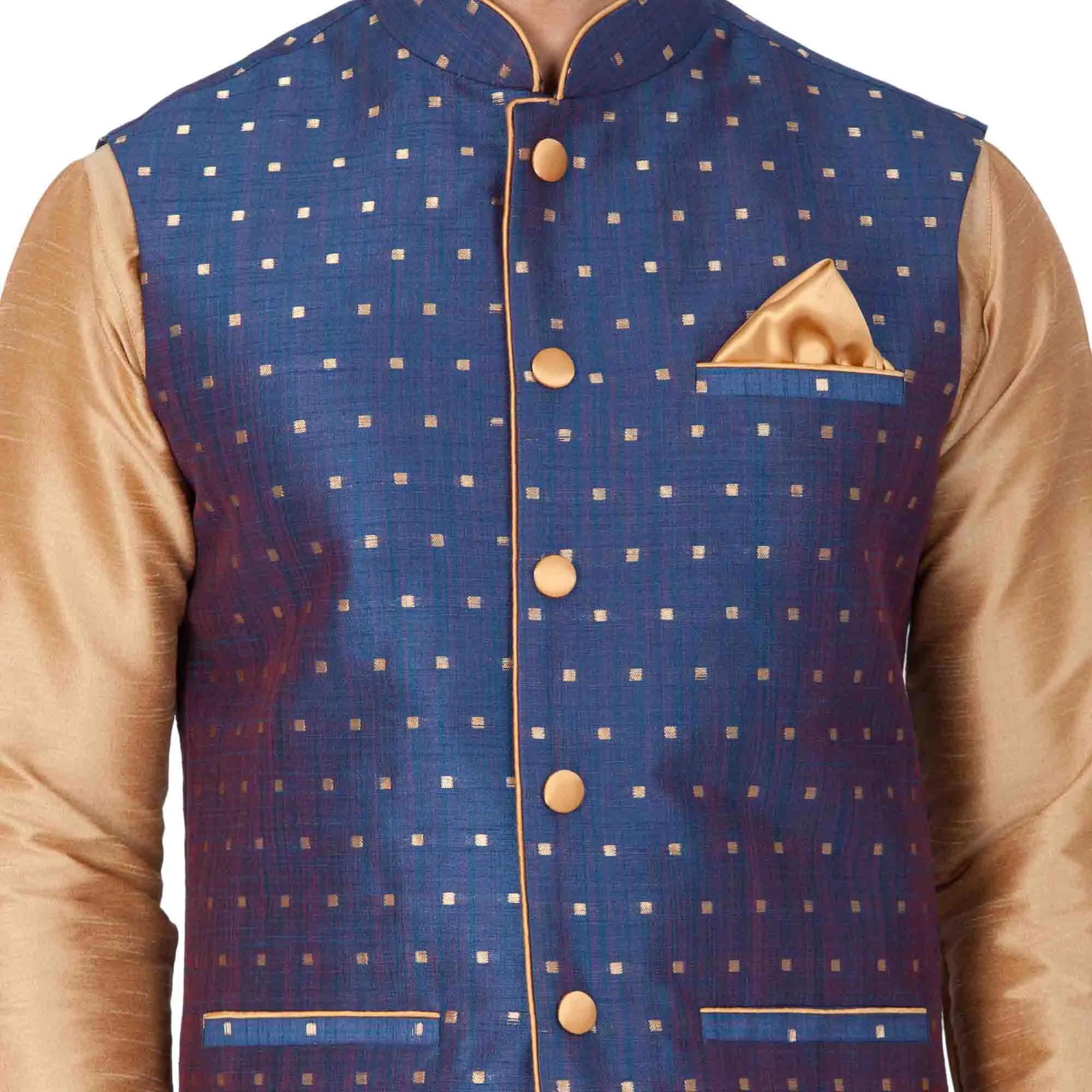 Jashvi Men's Blue Zari Weaved Jacket With Kurta Pyjama Set