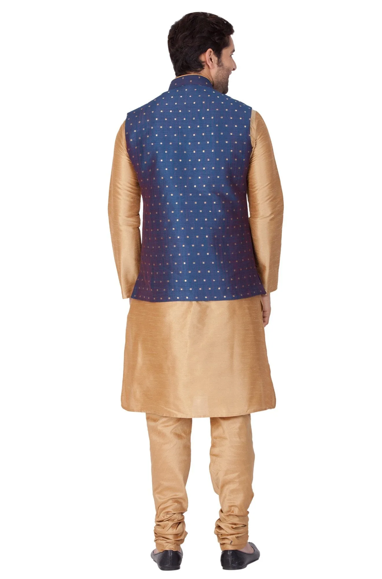 Jashvi Men's Blue Zari Weaved Jacket With Kurta Pyjama Set