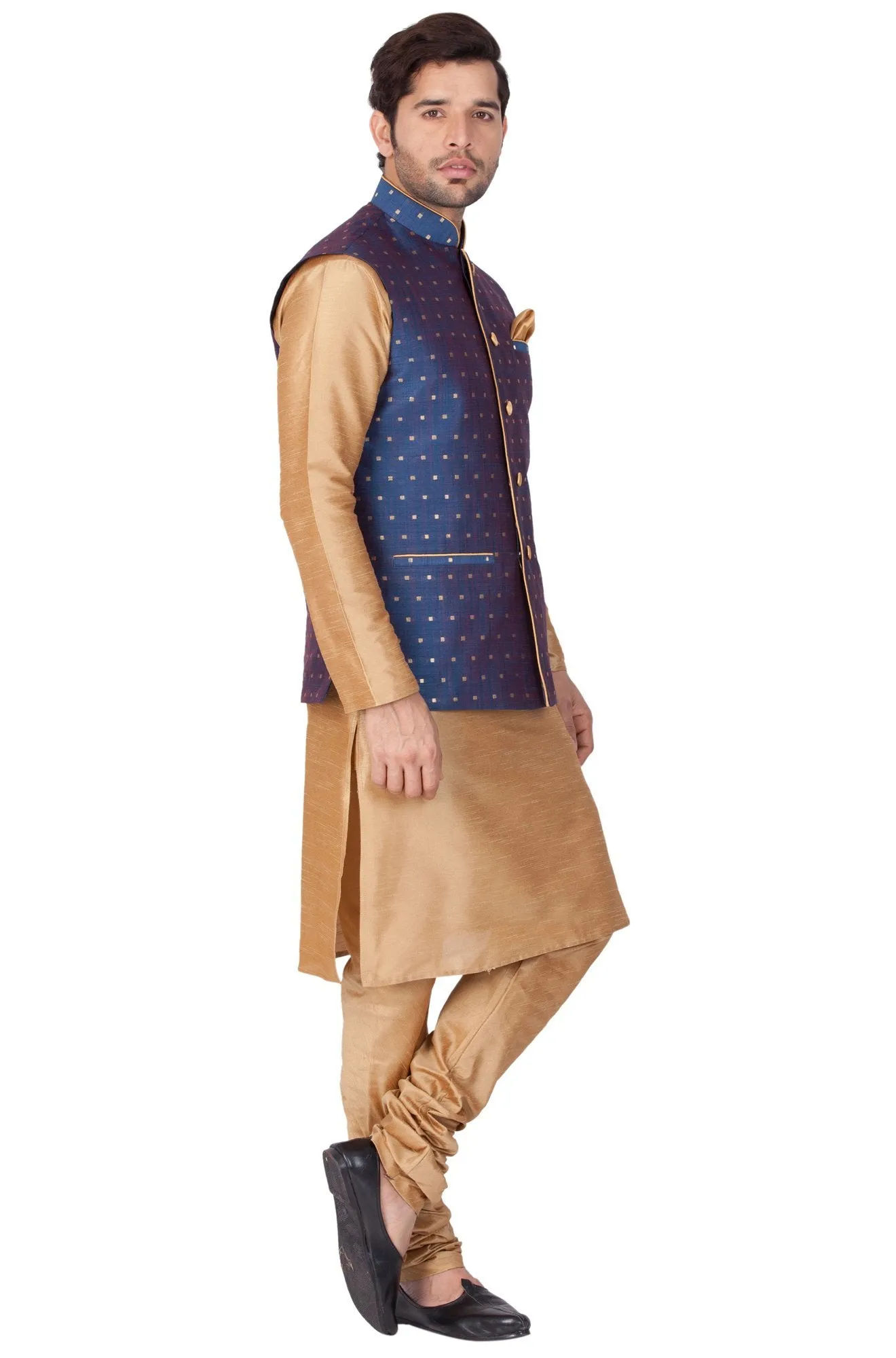 Jashvi Men's Blue Zari Weaved Jacket With Kurta Pyjama Set