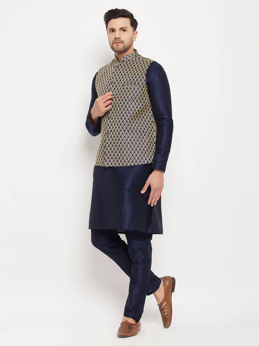 Jashvi Men's BlueSilk Blend Jacket With Kurta Pant  Set