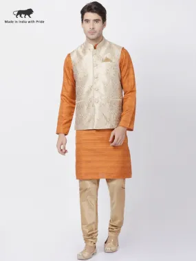 Jashvi Men's Brown Cotton Silk Blend Kurta, Ethnic Jacket and Pyjama Set