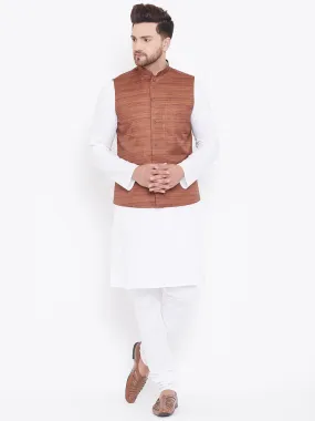 Jashvi Men's Coffee Brown And White Cotton Blend Jacket, Kurta and Pyjama Set