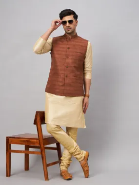 Jashvi Men's Coffee Jacket With Gold Kurta And Pyjama Set