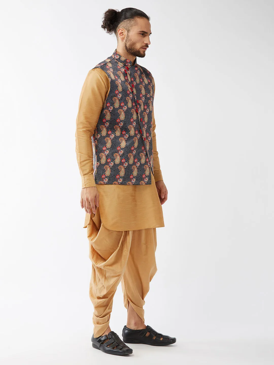 Jashvi Men's Cotton Blend Ethnic Jacket With Rose Gold Silk Blend Kurta and Dhoti Pant