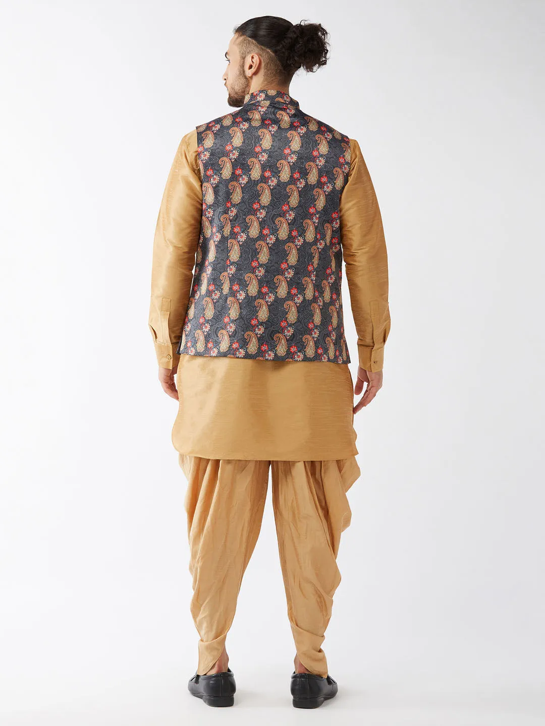 Jashvi Men's Cotton Blend Ethnic Jacket With Rose Gold Silk Blend Kurta and Dhoti Pant