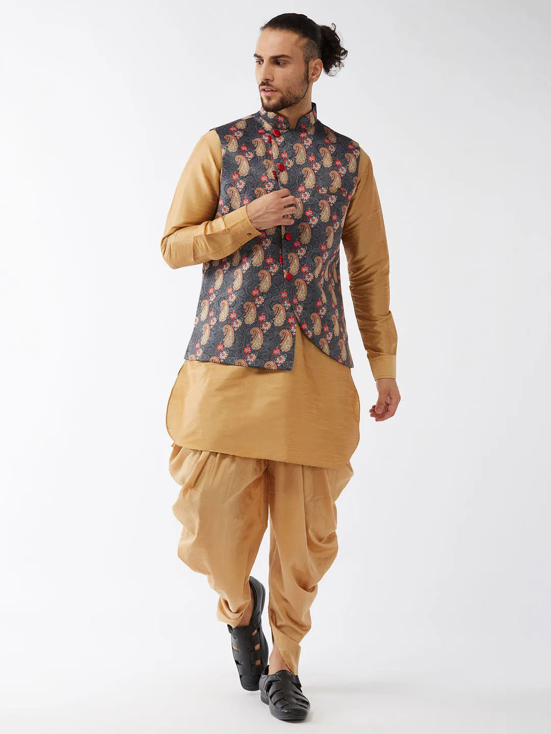 Jashvi Men's Cotton Blend Ethnic Jacket With Rose Gold Silk Blend Kurta and Dhoti Pant