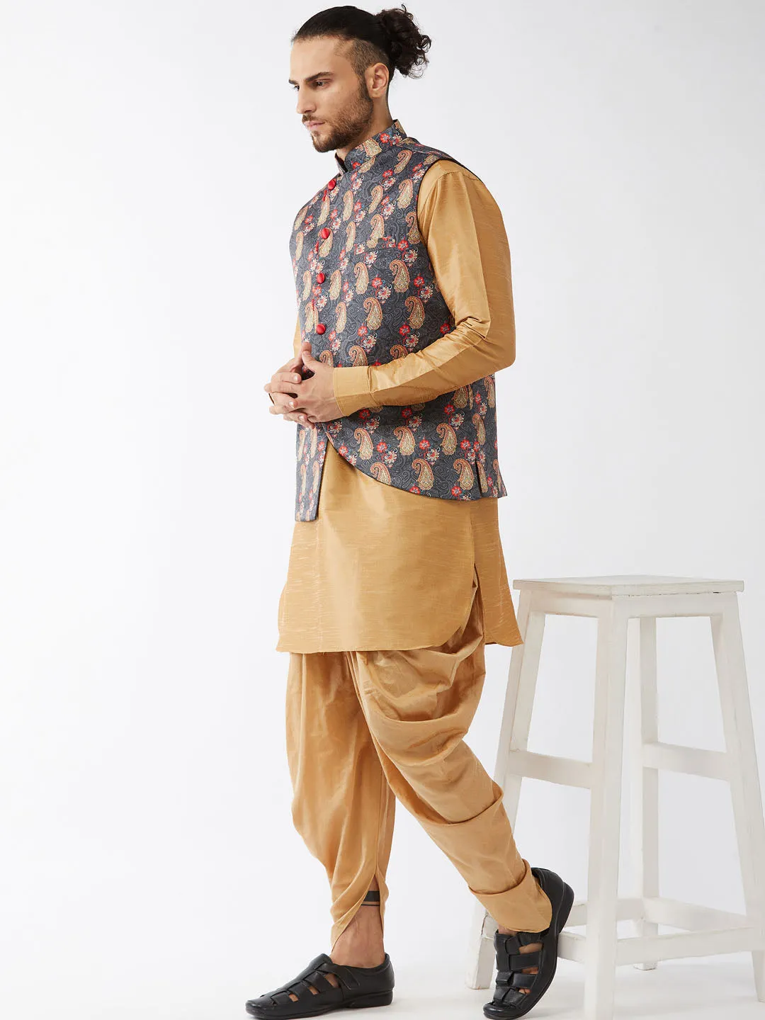 Jashvi Men's Cotton Blend Ethnic Jacket With Rose Gold Silk Blend Kurta and Dhoti Pant