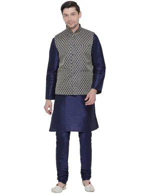 Jashvi Men's Dark Blue Cotton Silk Blend Kurta, Ethnic Jacket Style Pyjama Set