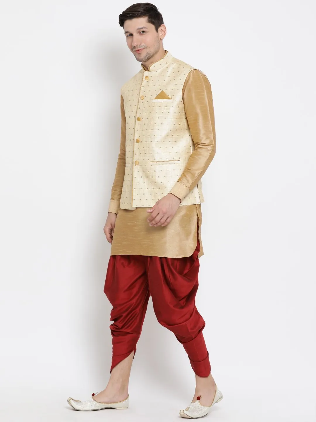 Jashvi Men's Gold Zari Weaved Jacket With Kurta Dhoti Set