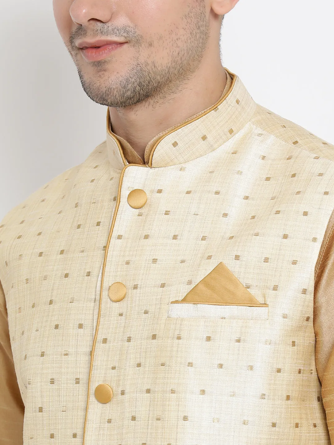 Jashvi Men's Gold Zari Weaved Jacket With Kurta Dhoti Set