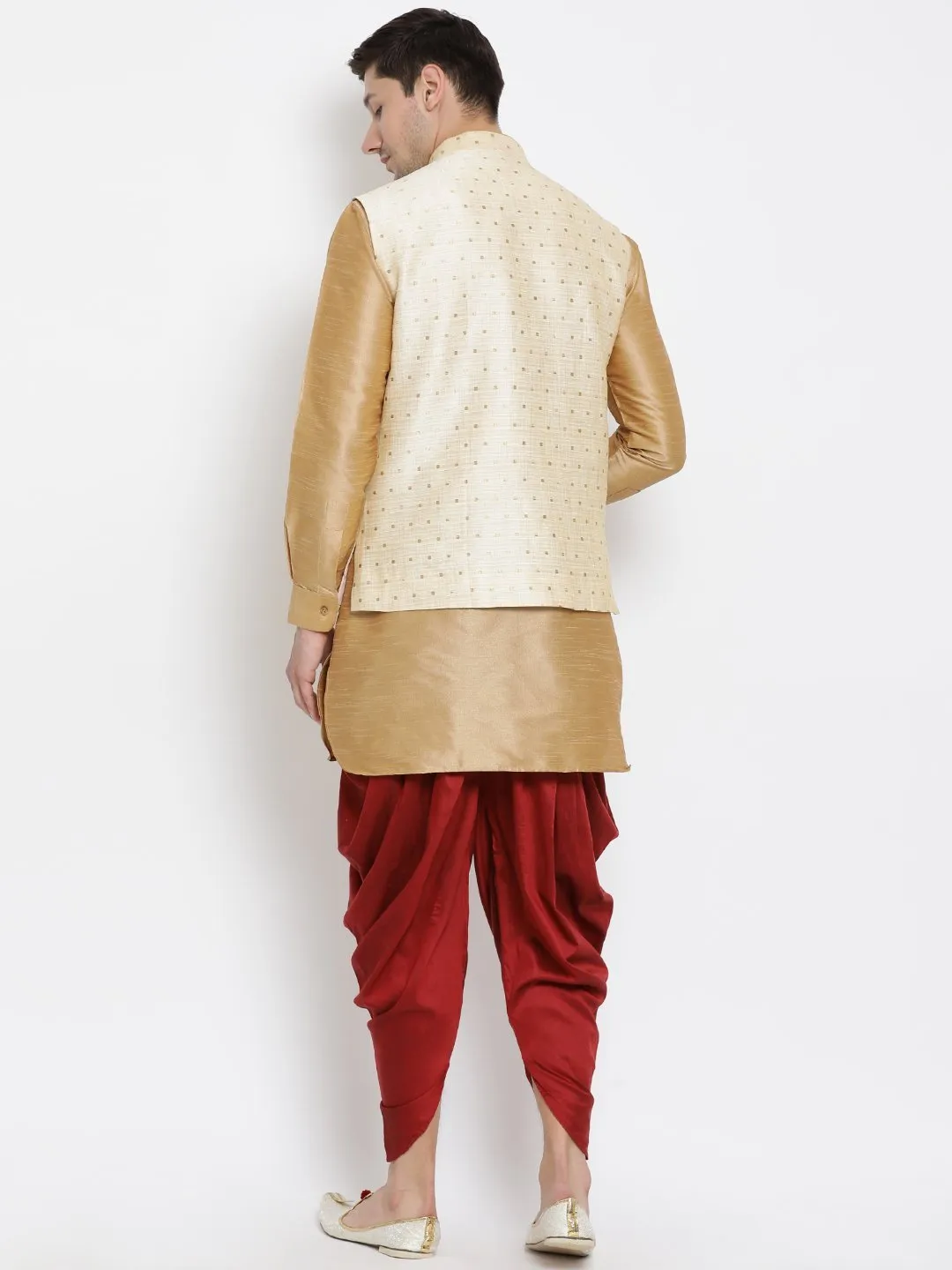 Jashvi Men's Gold Zari Weaved Jacket With Kurta Dhoti Set