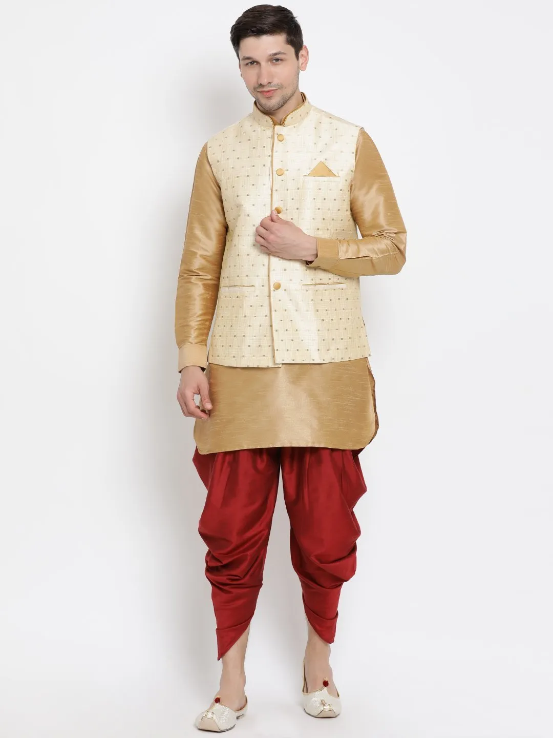 Jashvi Men's Gold Zari Weaved Jacket With Kurta Dhoti Set