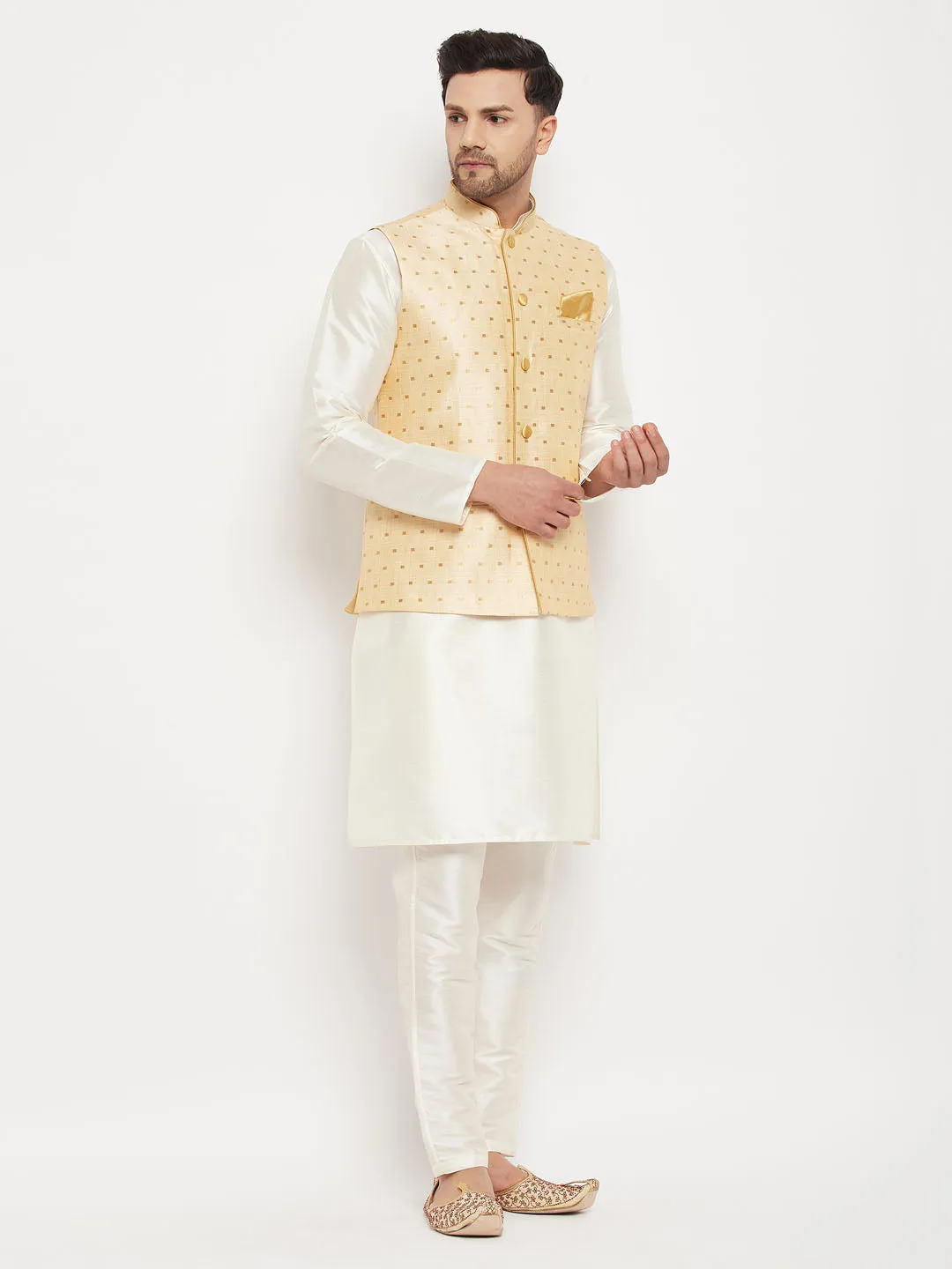 Jashvi Men's Gold Zari Weaved Jacket With Kurta Pant Set