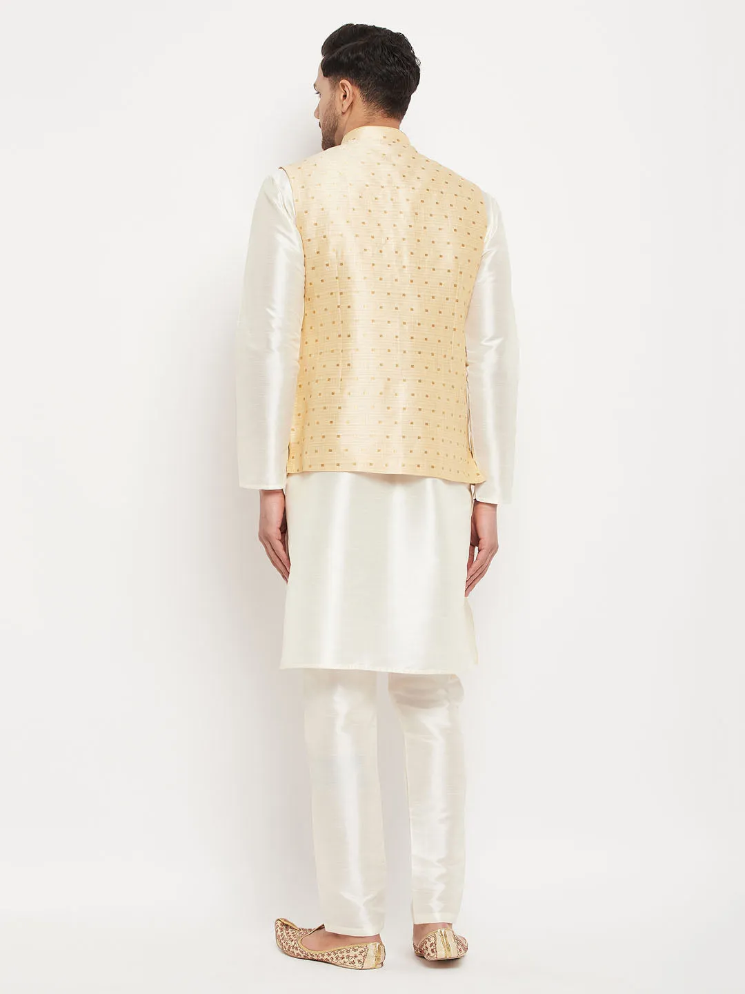 Jashvi Men's Gold Zari Weaved Jacket With Kurta Pant Set