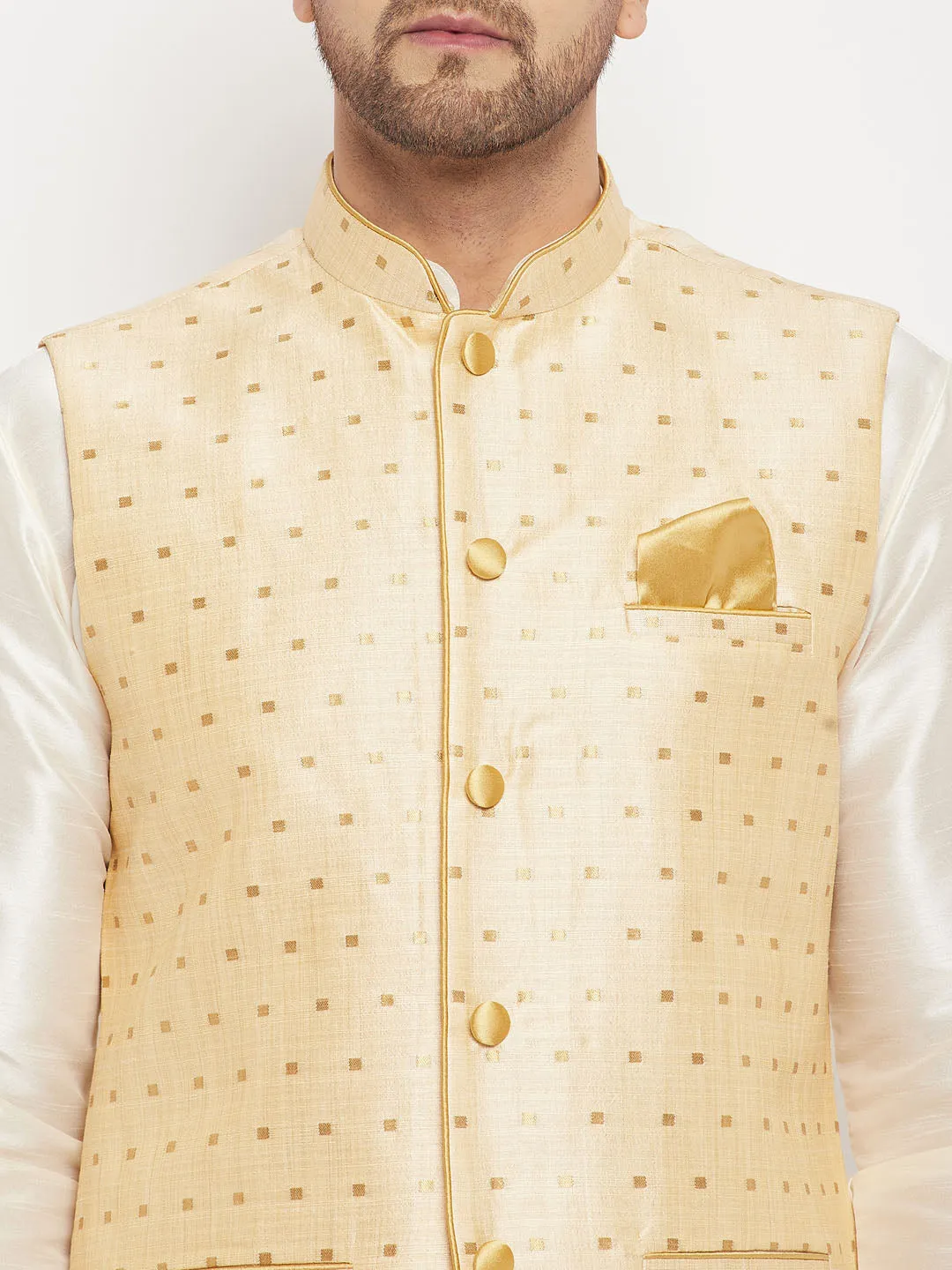 Jashvi Men's Gold Zari Weaved Jacket With Kurta Pant Set