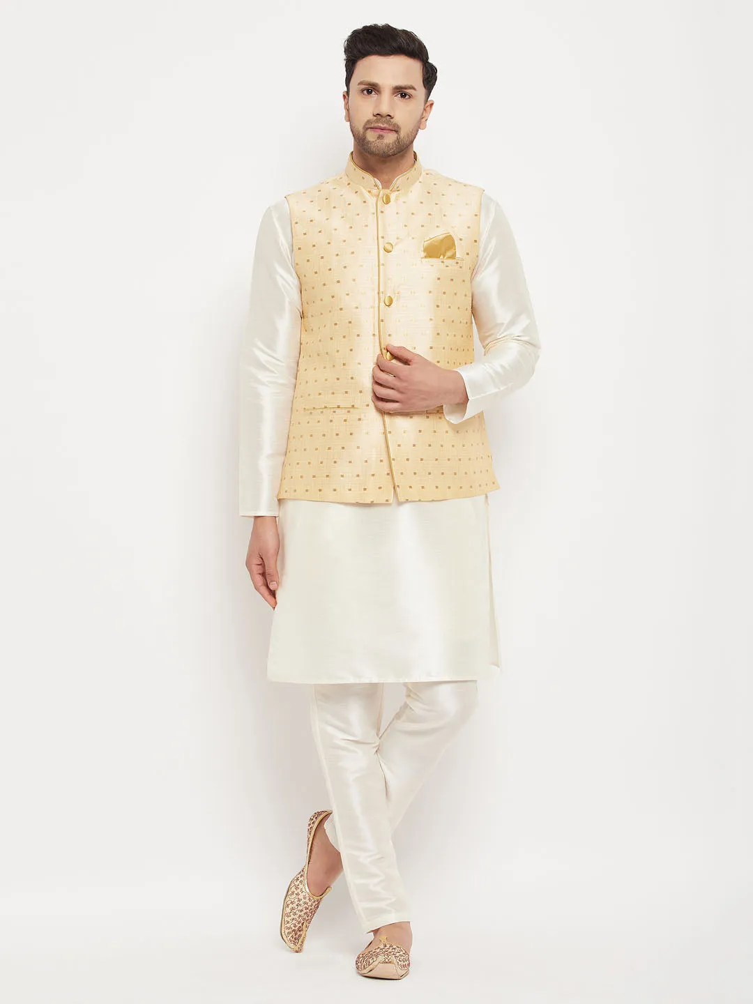 Jashvi Men's Gold Zari Weaved Jacket With Kurta Pant Set