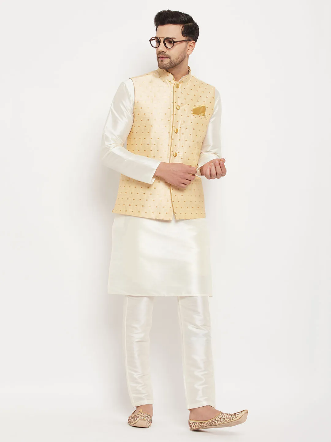 Jashvi Men's Gold Zari Weaved Jacket With Kurta Pant Set