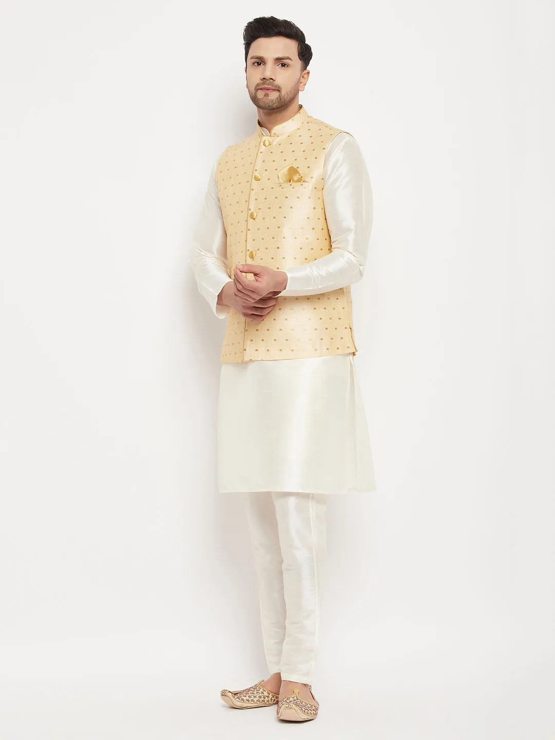 Jashvi Men's Gold Zari Weaved Jacket With Kurta Pant Set