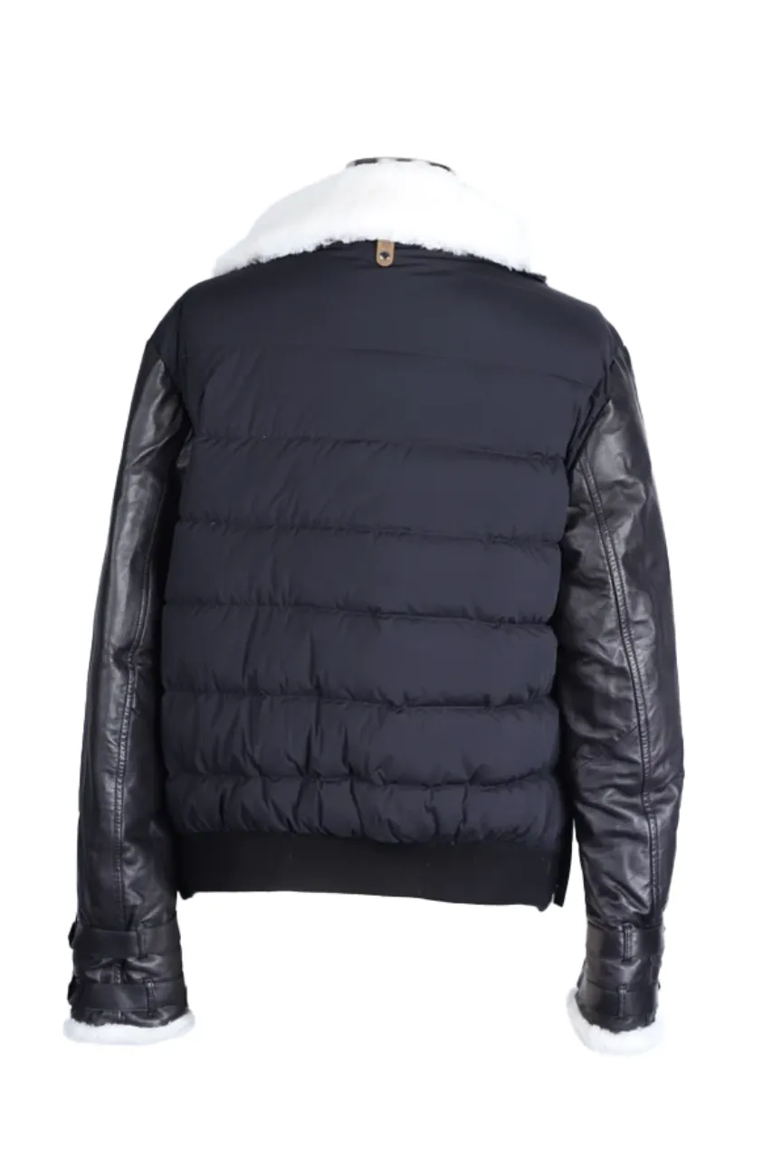 Leather Sleeve Shearling Collar Down Puffer Jacket