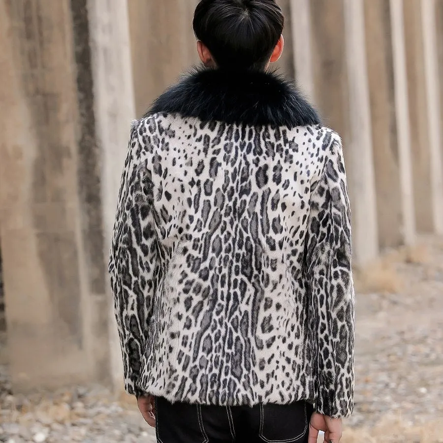 Leopard Real Shearling Fur Overcoat with Thick Fox Fur Collar