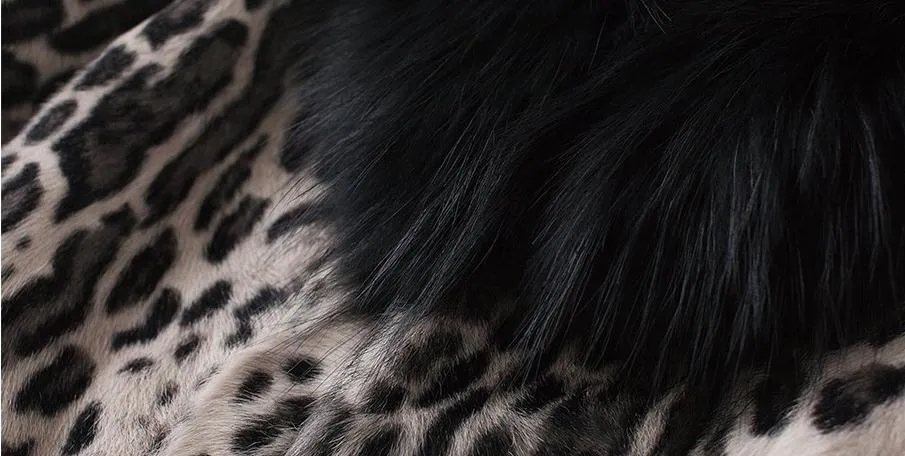 Leopard Real Shearling Fur Overcoat with Thick Fox Fur Collar