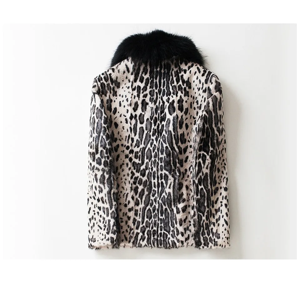 Leopard Real Shearling Fur Overcoat with Thick Fox Fur Collar