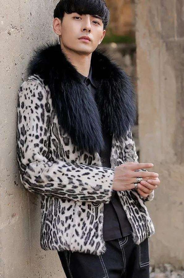 Leopard Real Shearling Fur Overcoat with Thick Fox Fur Collar