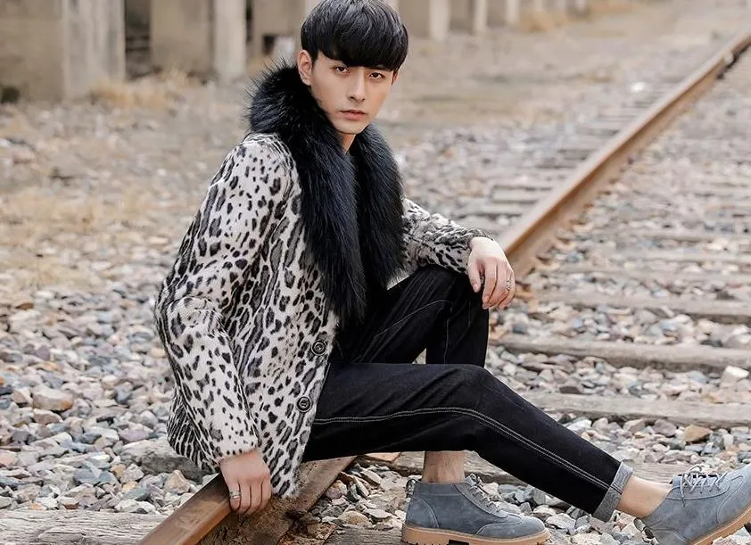 Leopard Real Shearling Fur Overcoat with Thick Fox Fur Collar