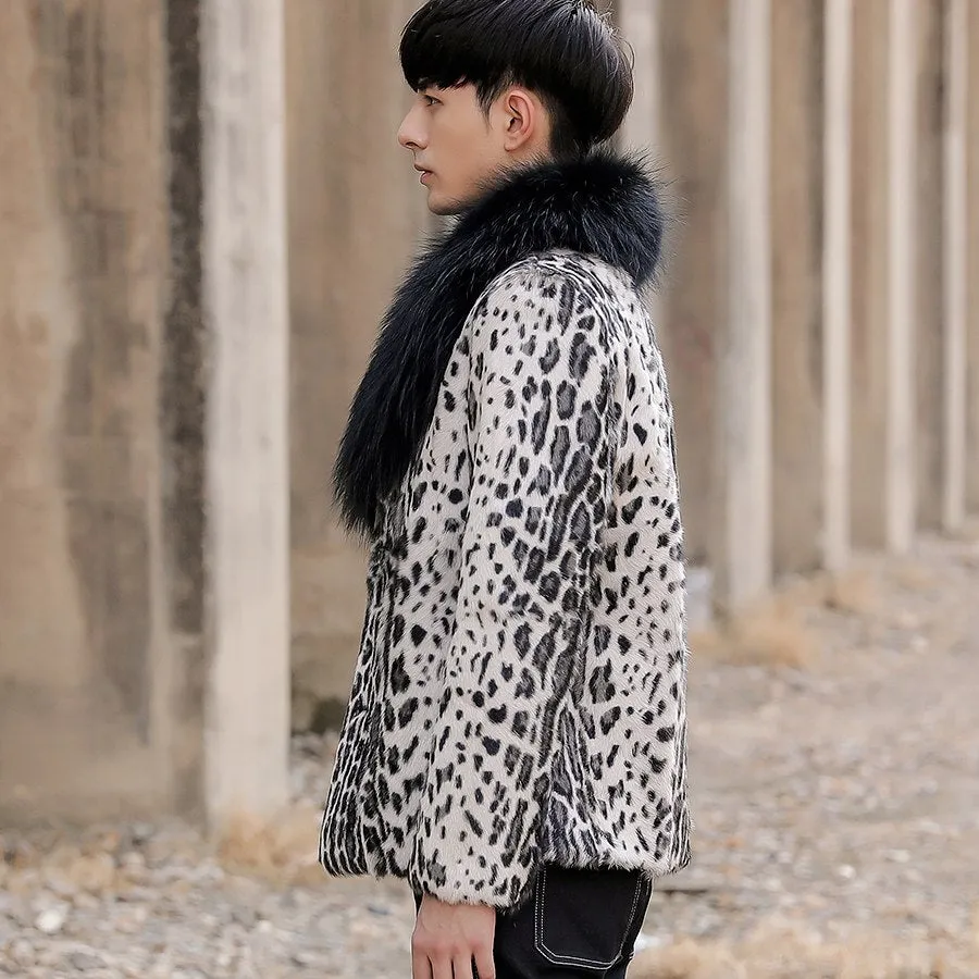 Leopard Real Shearling Fur Overcoat with Thick Fox Fur Collar