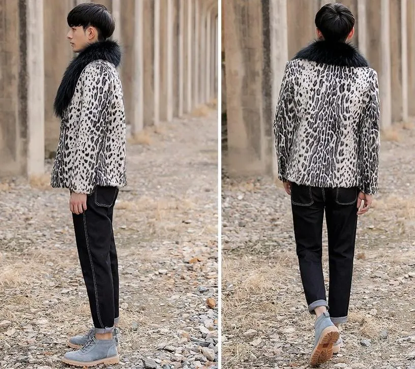 Leopard Real Shearling Fur Overcoat with Thick Fox Fur Collar