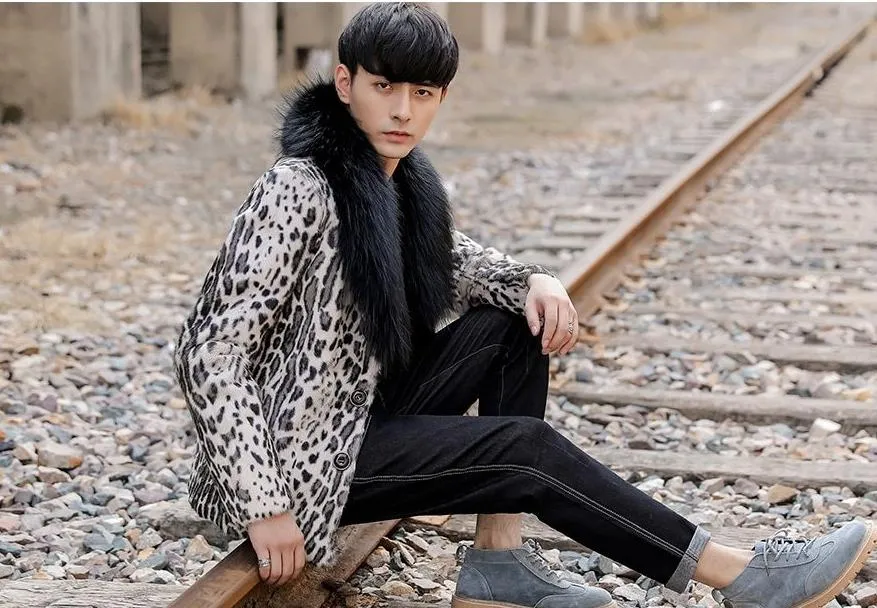 Leopard Real Shearling Fur Overcoat with Thick Fox Fur Collar