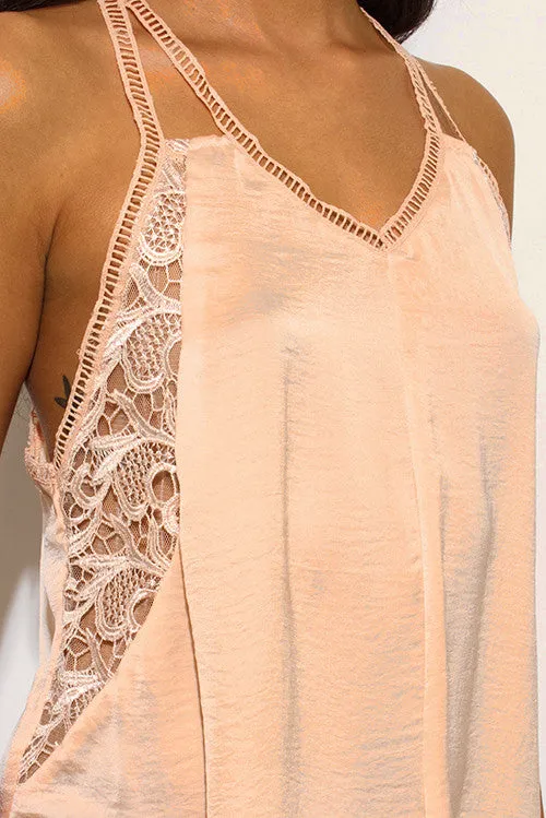 LIGHT PEACH CRINKLE V NECK LACE CUT OUT RACER BACK SLIP MINI DRESS