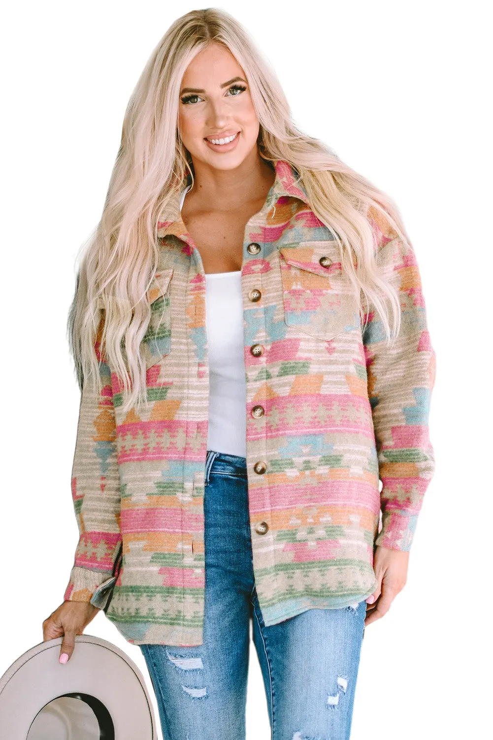 Light Pink Aztec Patch Drawstring Hooded Zip Up Jacket