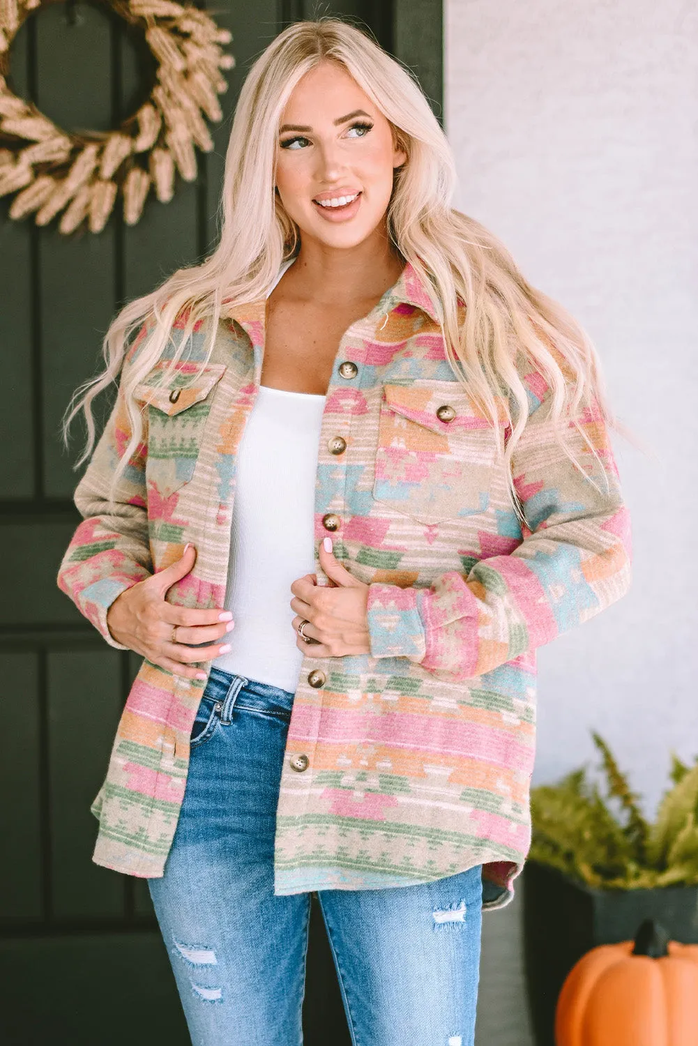 Light Pink Aztec Patch Drawstring Hooded Zip Up Jacket