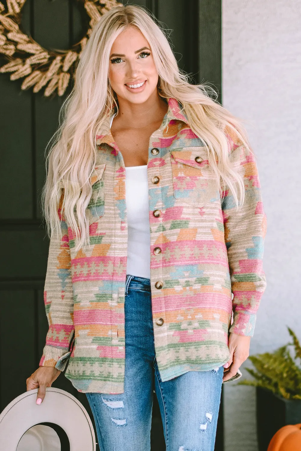 Light Pink Aztec Patch Drawstring Hooded Zip Up Jacket