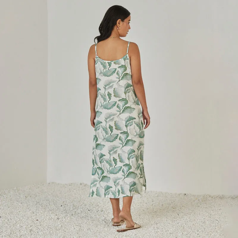 Linen Slip Dress For Women | Watercolour Print | Teal