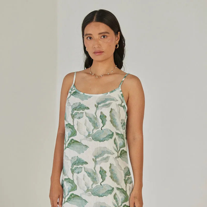 Linen Slip Dress For Women | Watercolour Print | Teal