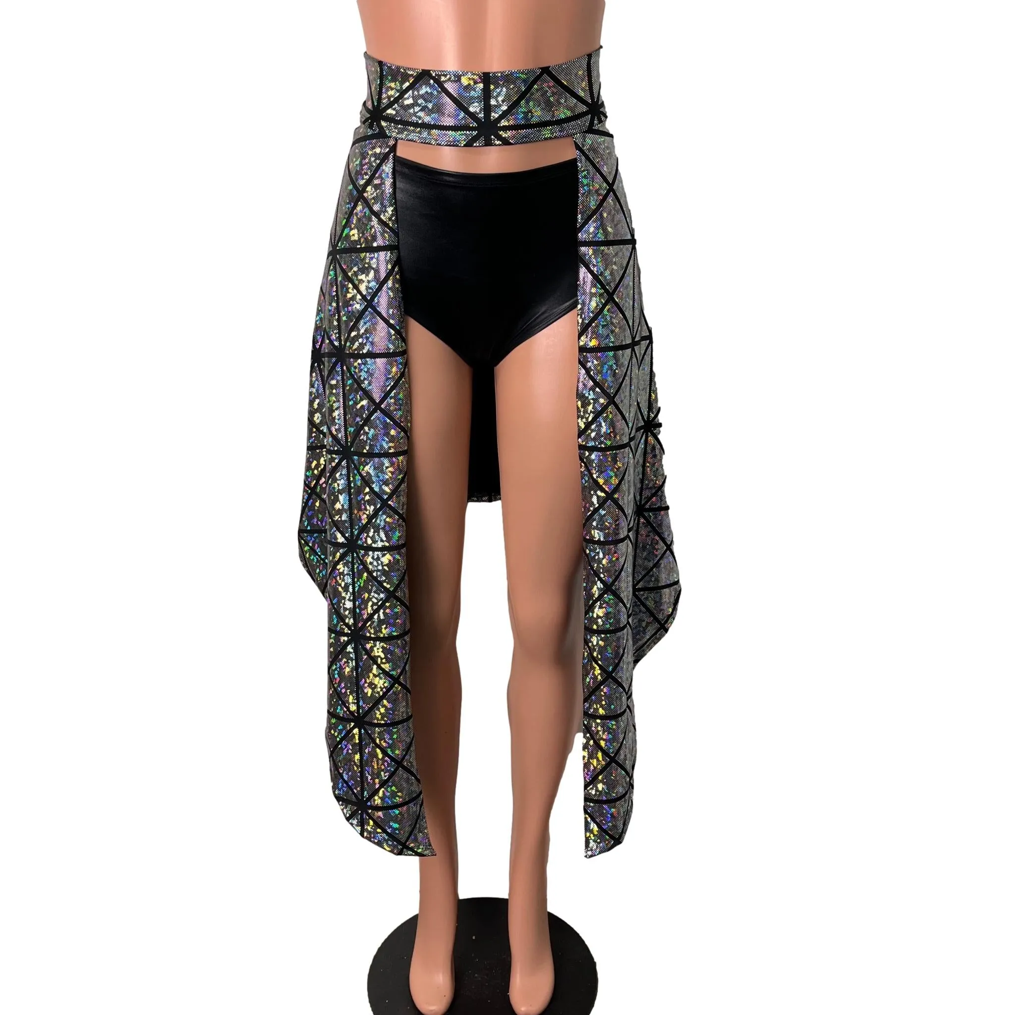 Long Cape Skirt - Silver Holographic Glass Pane - Unisex Men/Women Open-Front Skirt