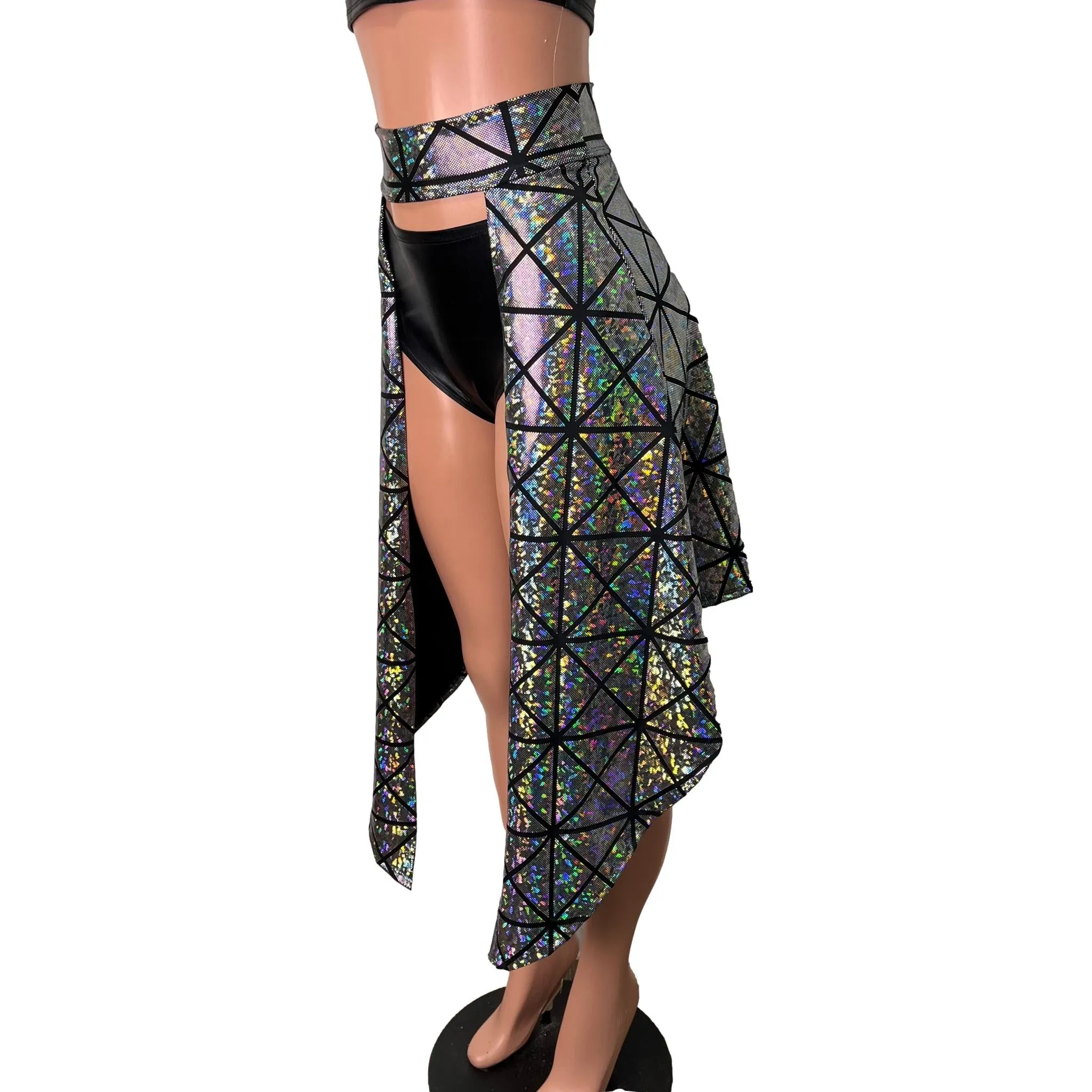 Long Cape Skirt - Silver Holographic Glass Pane - Unisex Men/Women Open-Front Skirt