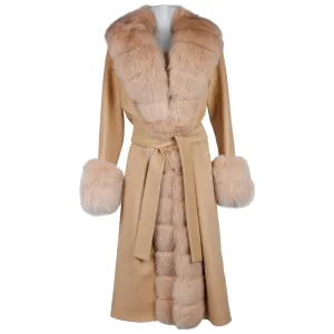 Made in Italy Elegant Beige Wool Coat with Fox Fur Trim