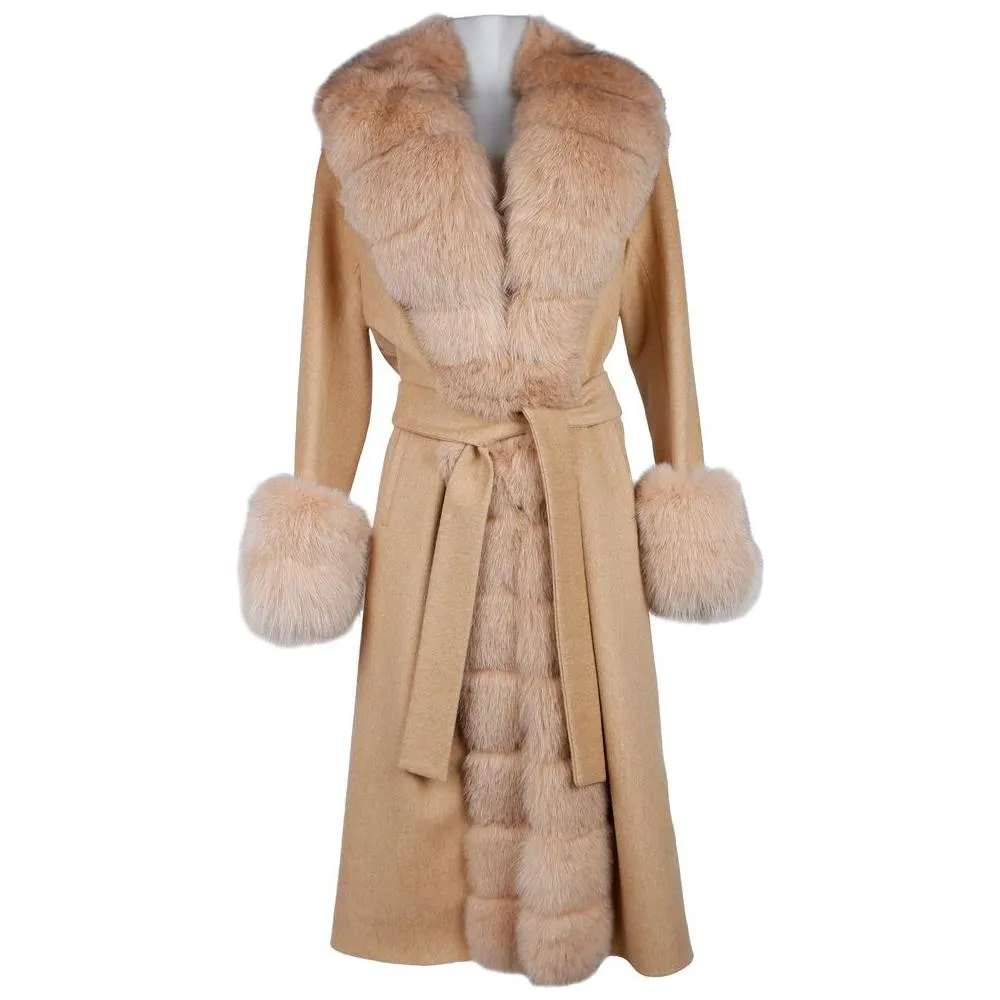 Made in Italy Elegant Beige Wool Coat with Fox Fur Trim