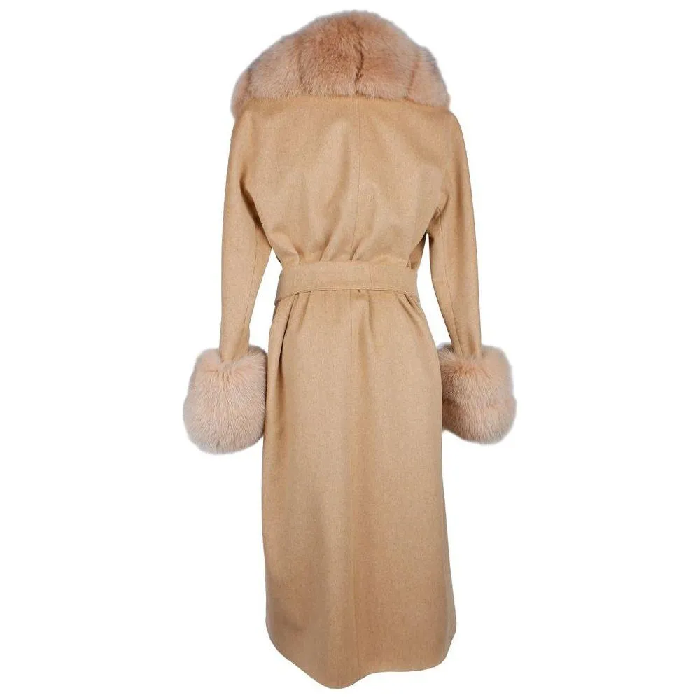 Made in Italy Elegant Beige Wool Coat with Fox Fur Trim