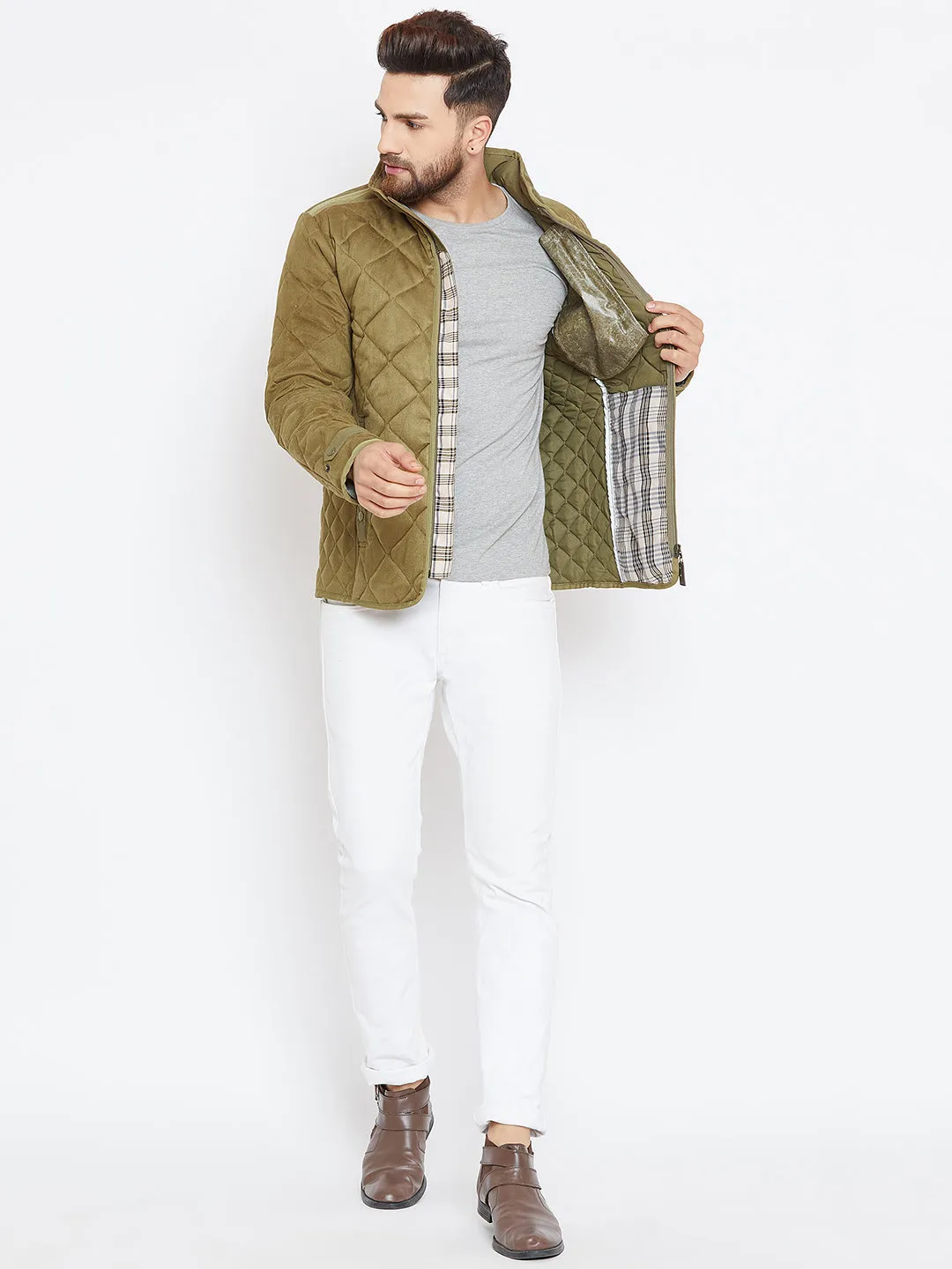 Men Olive Solid Quilted Jacket