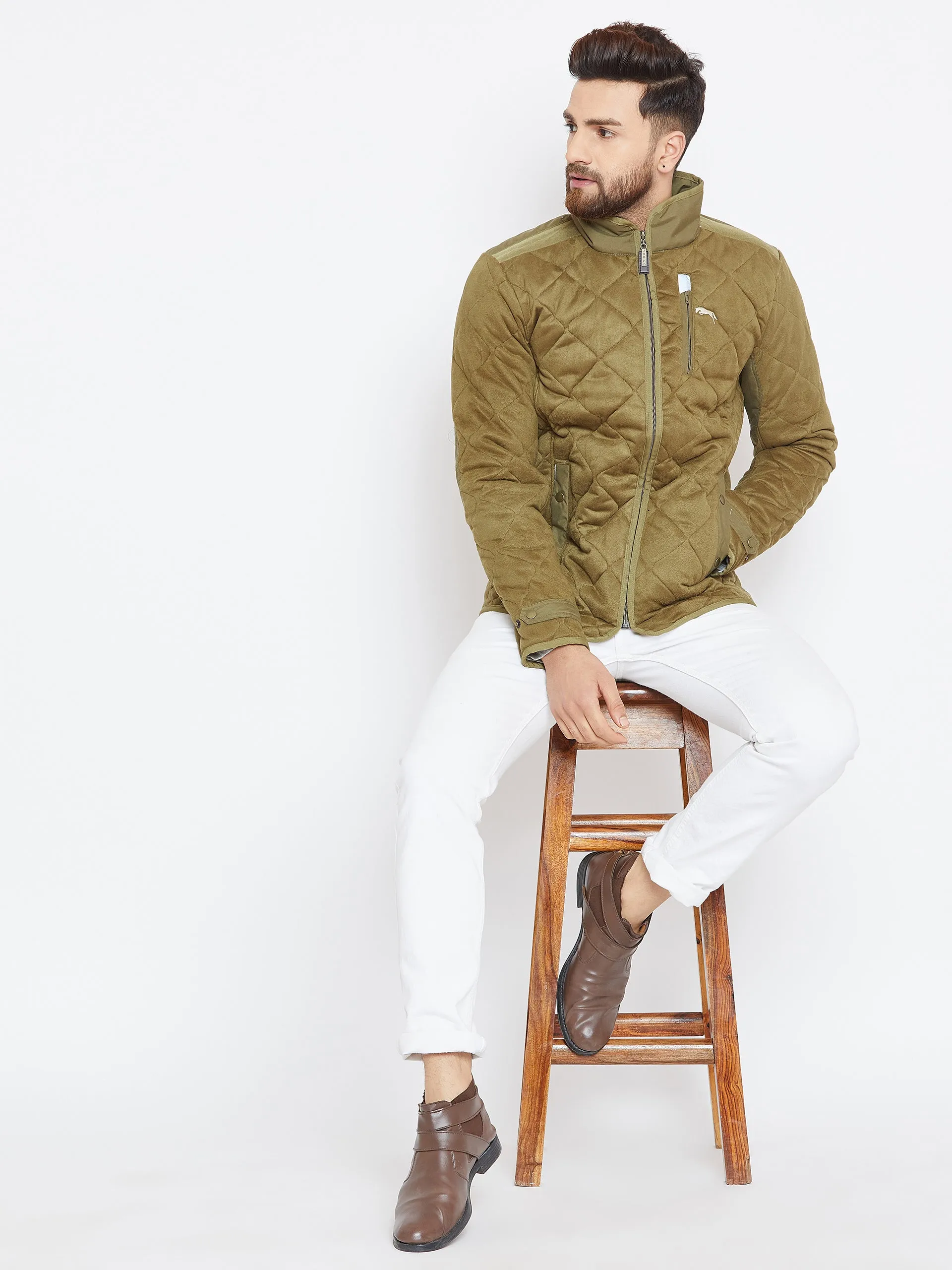 Men Olive Solid Quilted Jacket