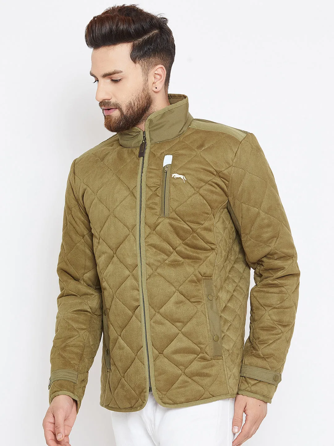 Men Olive Solid Quilted Jacket