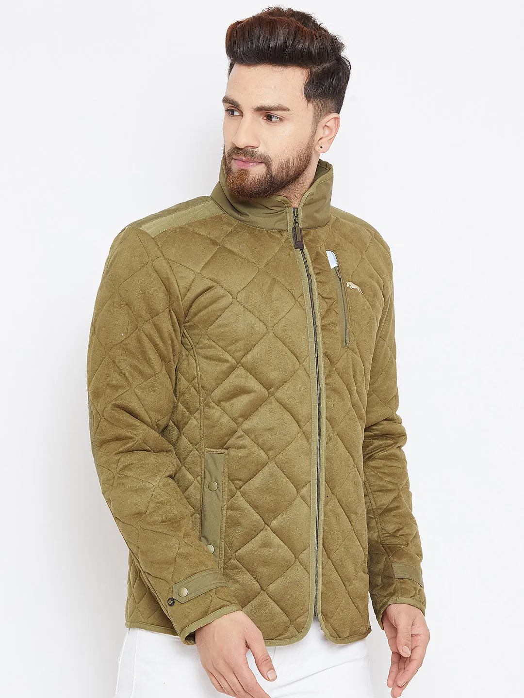 Men Olive Solid Quilted Jacket