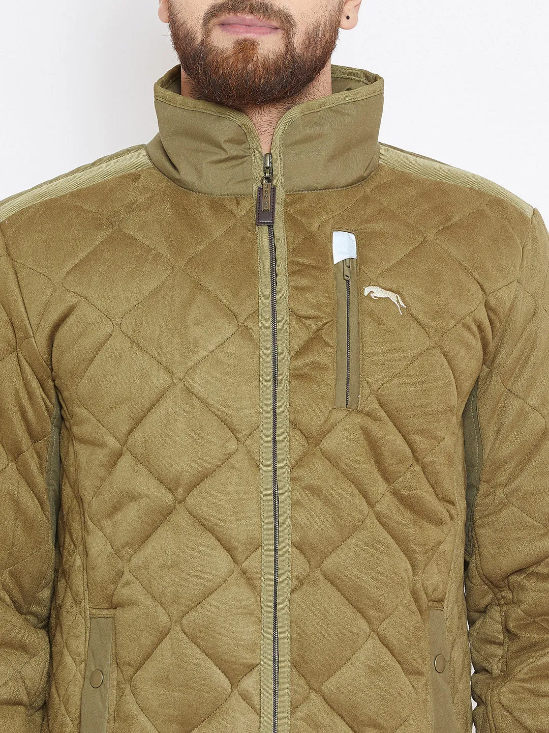 Men Olive Solid Quilted Jacket