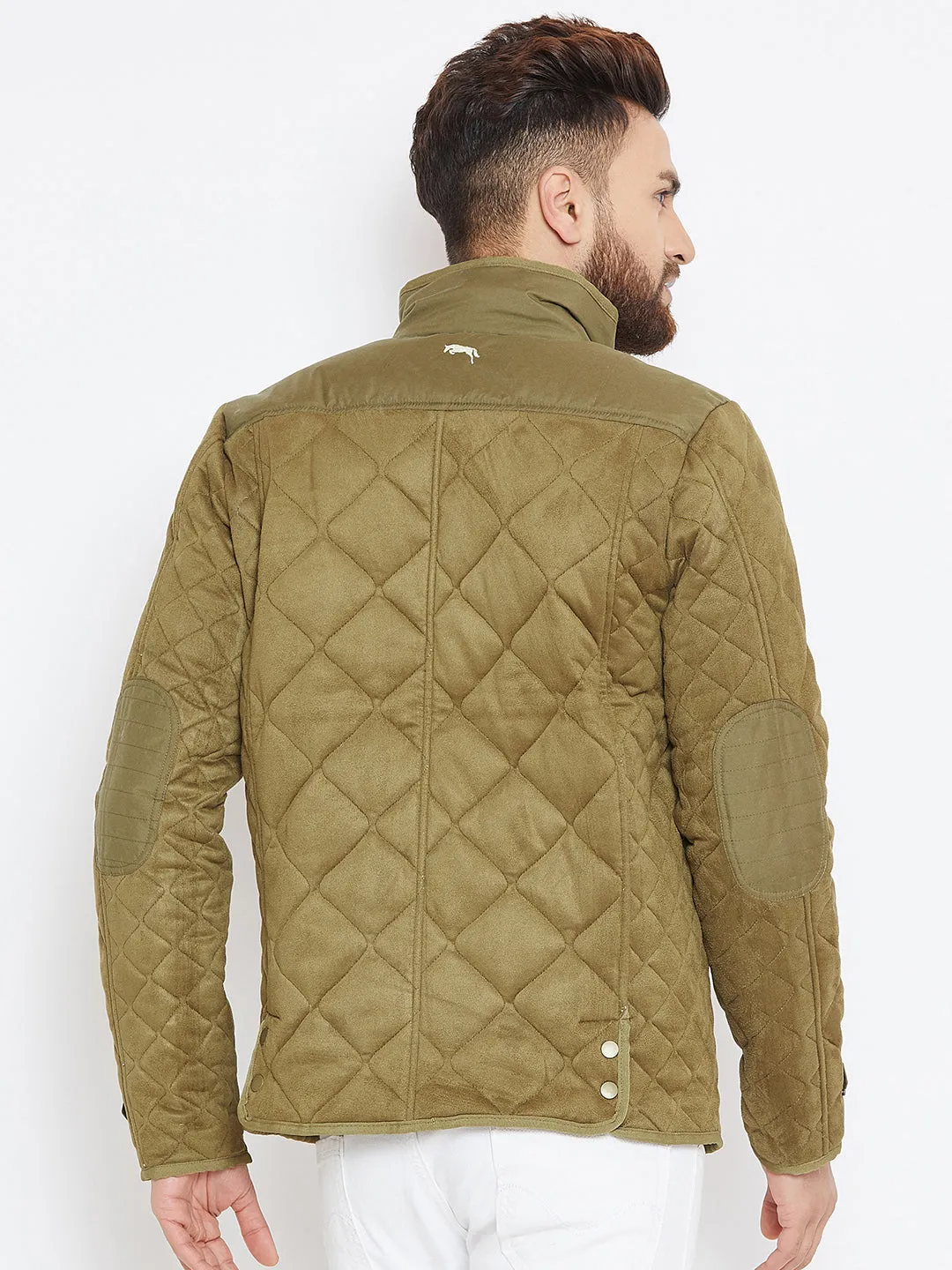 Men Olive Solid Quilted Jacket