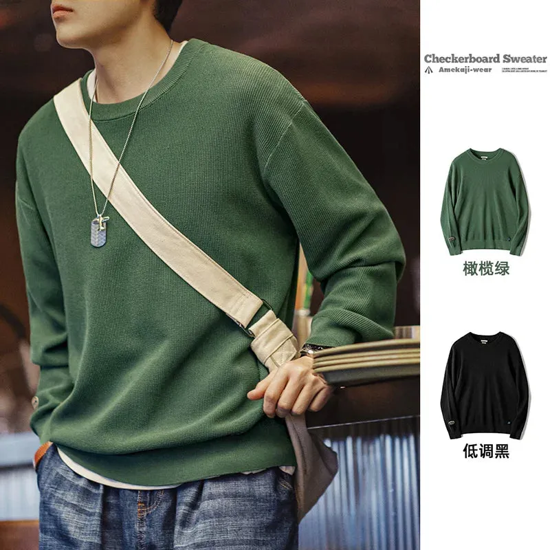 Men's Checkerboard Sweater Round Neck Knit Pullover - Casual Warm Green Jumper